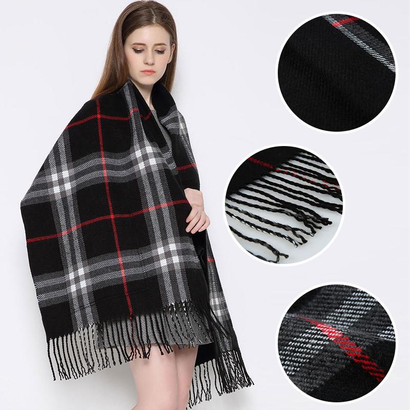 Warm winter Plaid Shawl Wrap With Pockets