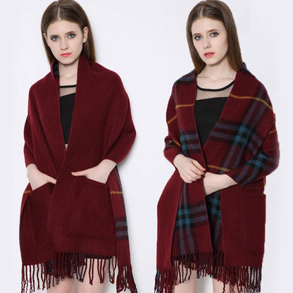 Warm winter Plaid Shawl Wrap With Pockets