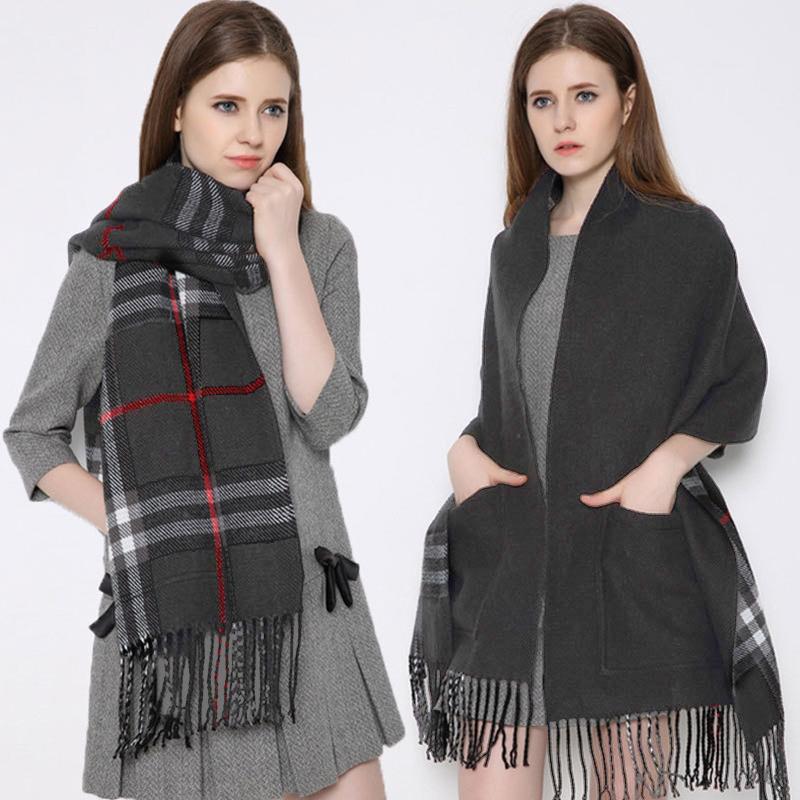 Warm winter Plaid Shawl Wrap With Pockets