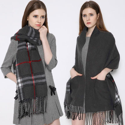 Warm winter Plaid Shawl Wrap With Pockets