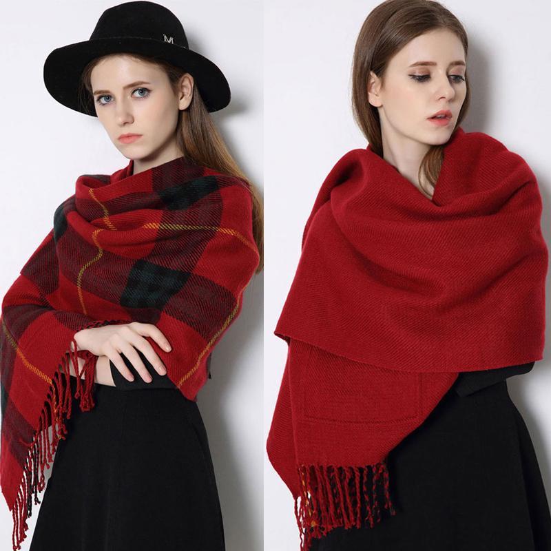 Warm winter Plaid Shawl Wrap With Pockets
