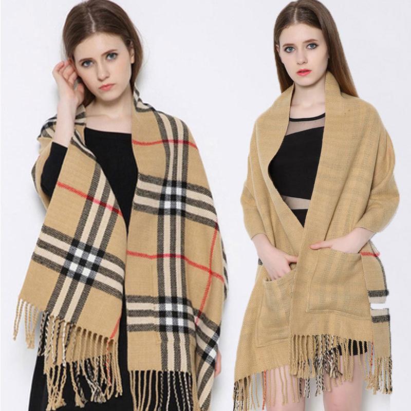 Warm winter Plaid Shawl Wrap With Pockets