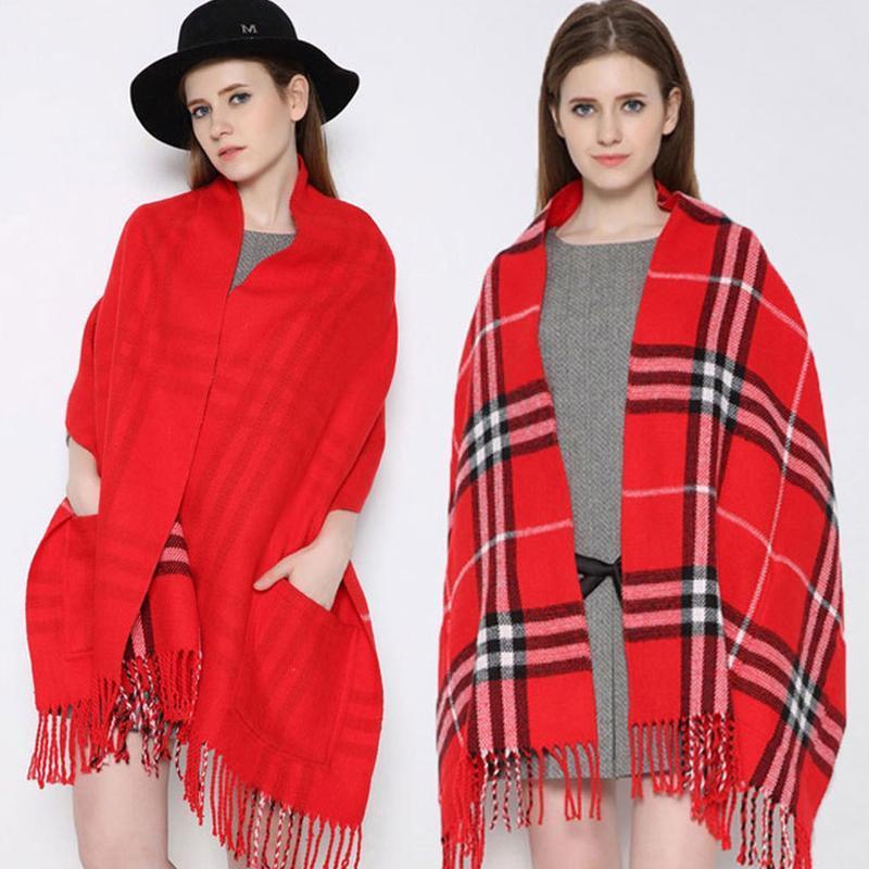 Warm winter Plaid Shawl Wrap With Pockets