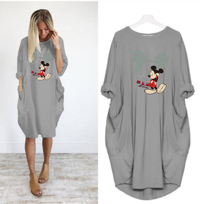 2020 New Autumn And Winter Plus Size Printed Dress C With Pocket