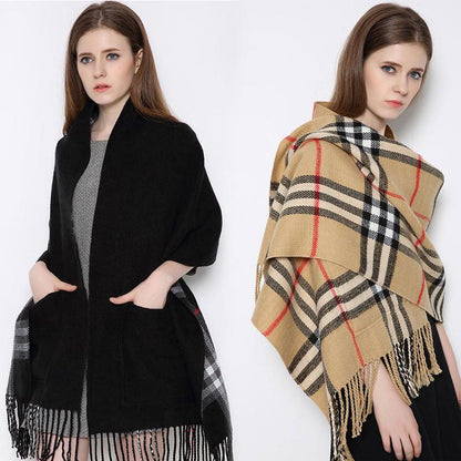 Warm winter Plaid Shawl Wrap With Pockets