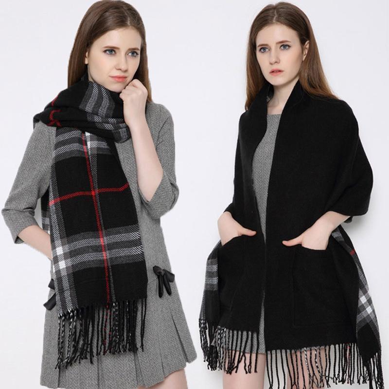 Warm winter Plaid Shawl Wrap With Pockets