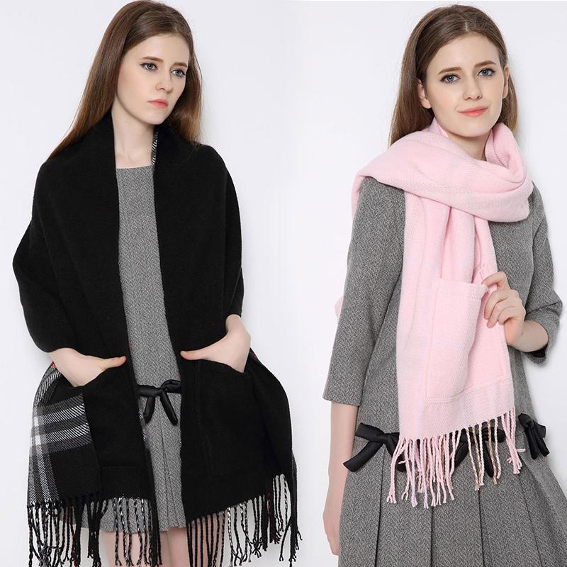 Warm winter Plaid Shawl Wrap With Pockets