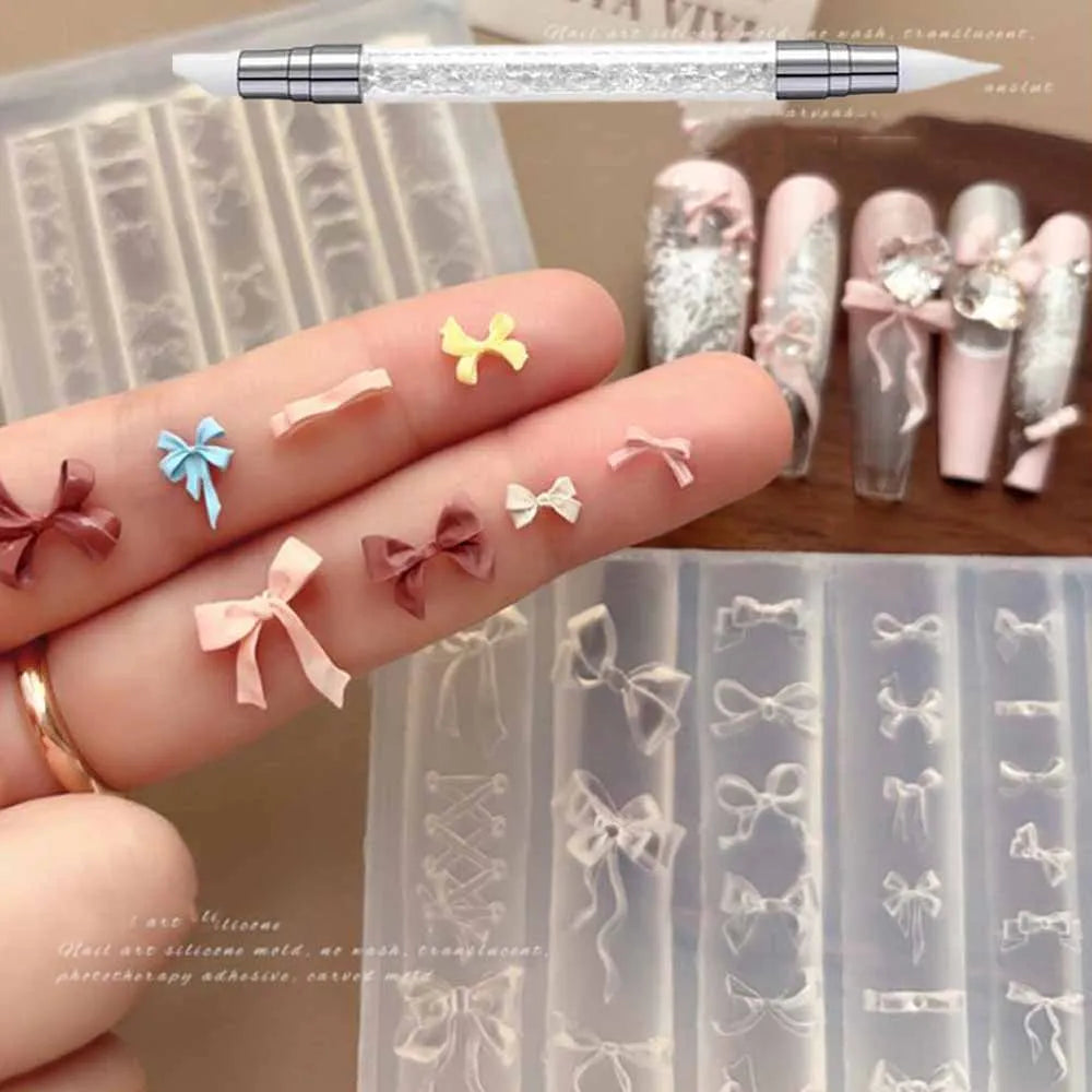 1Pcs 3D Bowknot Silicone Nail Molds+1Carving Pen Y2K Ballet Style Ribbon Nails Stencils Sculpture Bows Manicure Template Tools *