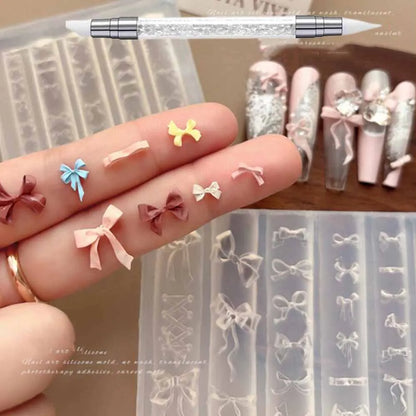 1Pcs 3D Bowknot Silicone Nail Molds+1Carving Pen Y2K Ballet Style Ribbon Nails Stencils Sculpture Bows Manicure Template Tools *