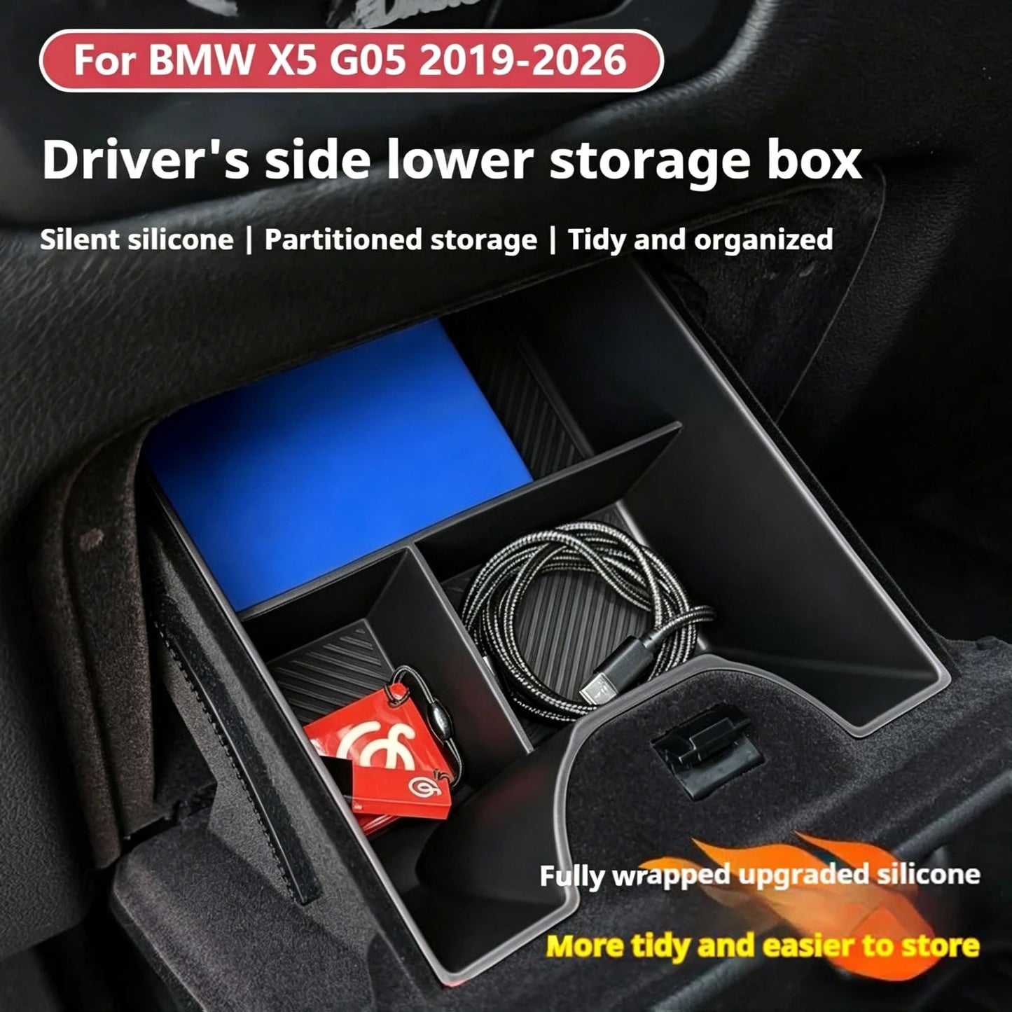 Car Under Driver Storage Box Silicone Driver Storage Box Organizer Tray For BMW X5 G05 2019-2026 Interior Accessories