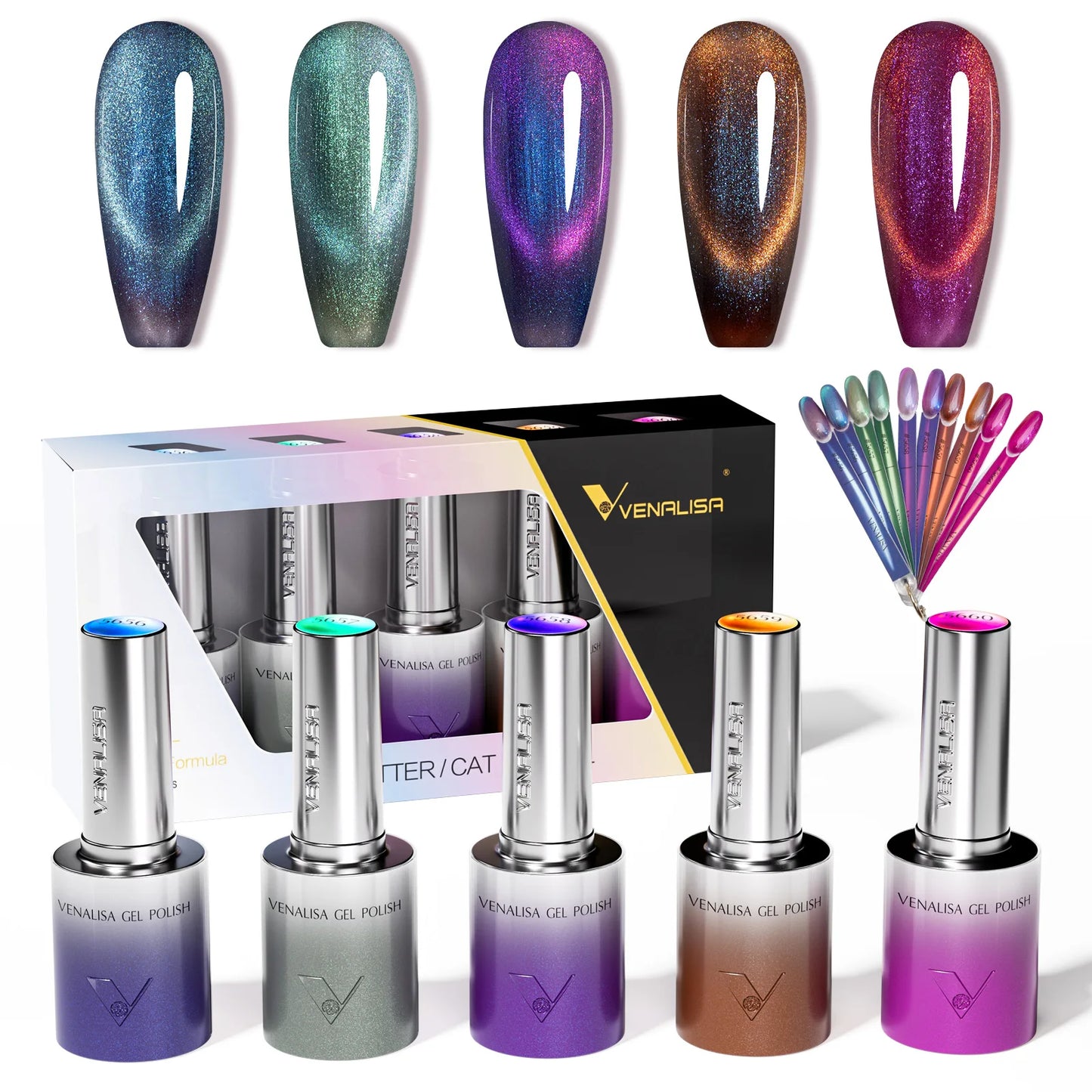 1pc Venalisa 10ml Nail Gel Polish Kit with Soft Texture Round Brush Hema/TPO Free Soak off Sparkle Cat Eye Lacquer Color Palett