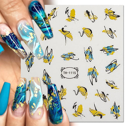 Golden Wave Line 3D Nail Sticker Marble Blue Geometry Abstract Nail Art Sliders Silver French Liner Decals Manicure Decorations