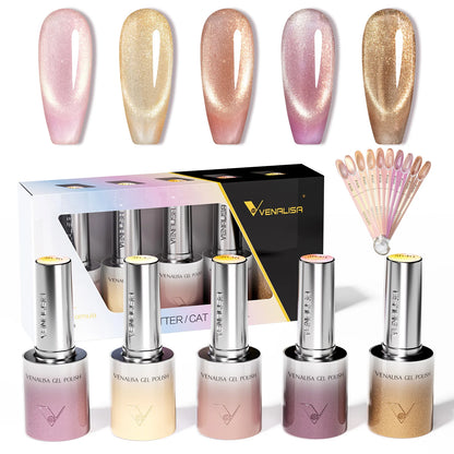 1pc Venalisa 10ml Nail Gel Polish Kit with Soft Texture Round Brush Hema/TPO Free Soak off Sparkle Cat Eye Lacquer Color Palett