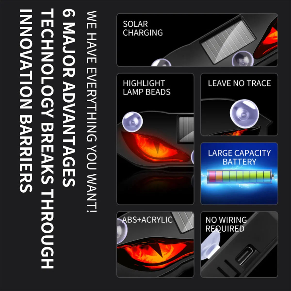 1pc Universal LED Car Demon Eye Light Solar-powered Flashing Warning Light Dynamic Decorative Lamp Safety Vehicle Signal Lights
