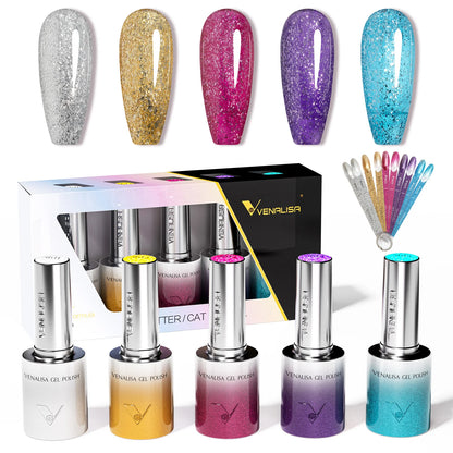1pc Venalisa 10ml Nail Gel Polish Kit with Soft Texture Round Brush Hema/TPO Free Soak off Sparkle Cat Eye Lacquer Color Palett