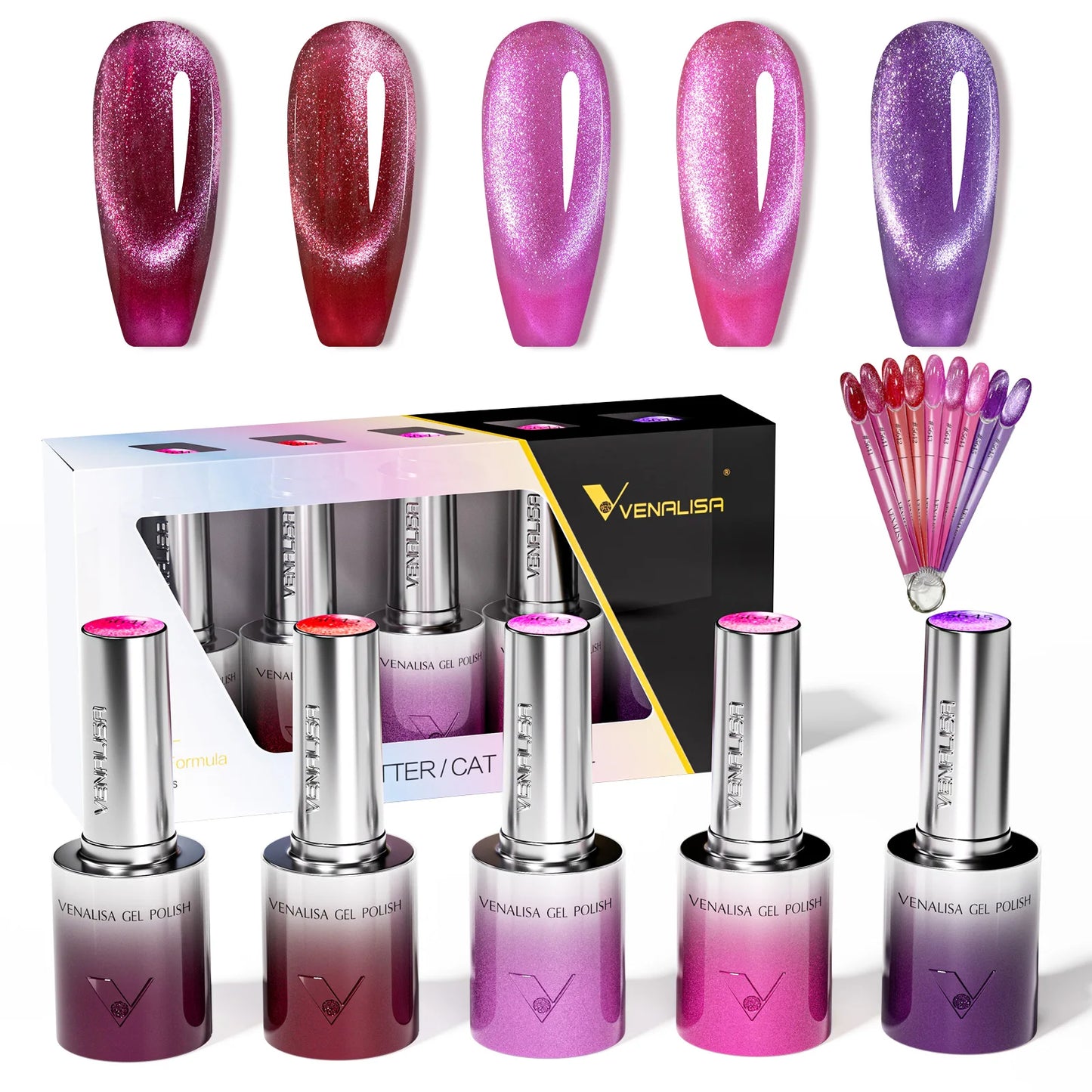 1pc Venalisa 10ml Nail Gel Polish Kit with Soft Texture Round Brush Hema/TPO Free Soak off Sparkle Cat Eye Lacquer Color Palett