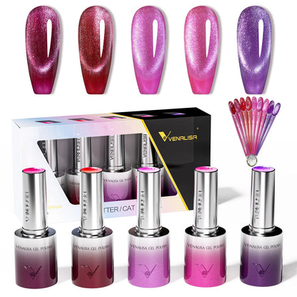 1pc Venalisa 10ml Nail Gel Polish Kit with Soft Texture Round Brush Hema/TPO Free Soak off Sparkle Cat Eye Lacquer Color Palett