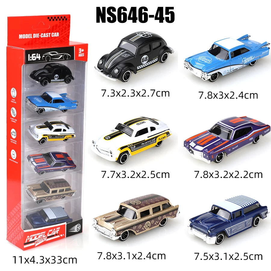 (Boxed) 1/64 Antique/Retro Style Mini Diecast Car Set, 6 Pieces, Die Cast Metal, Boy's Toy, Sliding Model, No Pullback.
