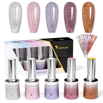 1pc Venalisa 10ml Nail Gel Polish Kit with Soft Texture Round Brush Hema/TPO Free Soak off Sparkle Cat Eye Lacquer Color Palett