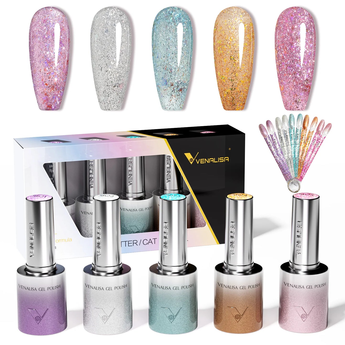 1pc Venalisa 10ml Nail Gel Polish Kit with Soft Texture Round Brush Hema/TPO Free Soak off Sparkle Cat Eye Lacquer Color Palett