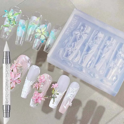 1Pcs 3D Bowknot Silicone Nail Molds+1Carving Pen Y2K Ballet Style Ribbon Nails Stencils Sculpture Bows Manicure Template Tools *