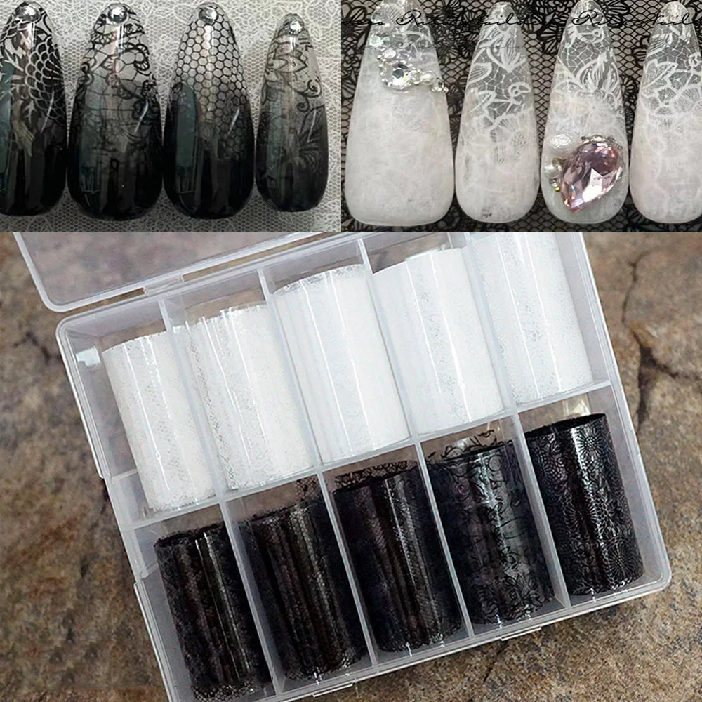 10 Rolls 4x50CM Black White Lace Transfer Nail Sticker Sexy Flower Lace Nail Art Transfer Foils Paper for DIY Manicure Decals*@#