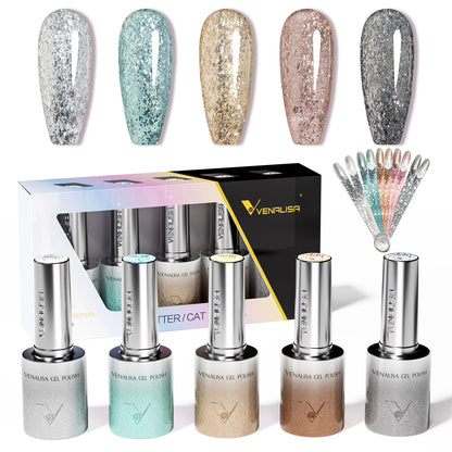 1pc Venalisa 10ml Nail Gel Polish Kit with Soft Texture Round Brush Hema/TPO Free Soak off Sparkle Cat Eye Lacquer Color Palett
