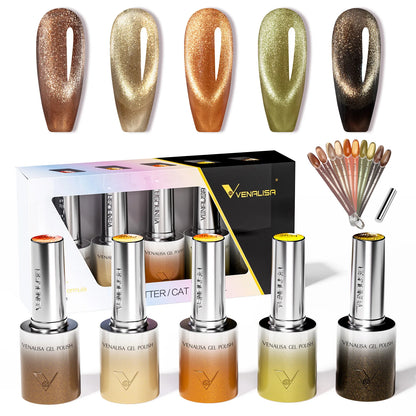 1pc Venalisa 10ml Nail Gel Polish Kit with Soft Texture Round Brush Hema/TPO Free Soak off Sparkle Cat Eye Lacquer Color Palett