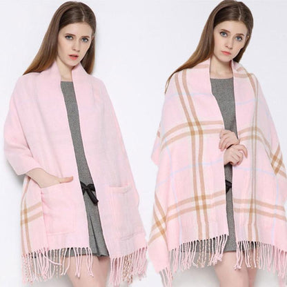 Warm winter Plaid Shawl Wrap With Pockets