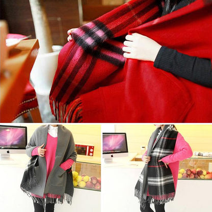 Warm winter Plaid Shawl Wrap With Pockets
